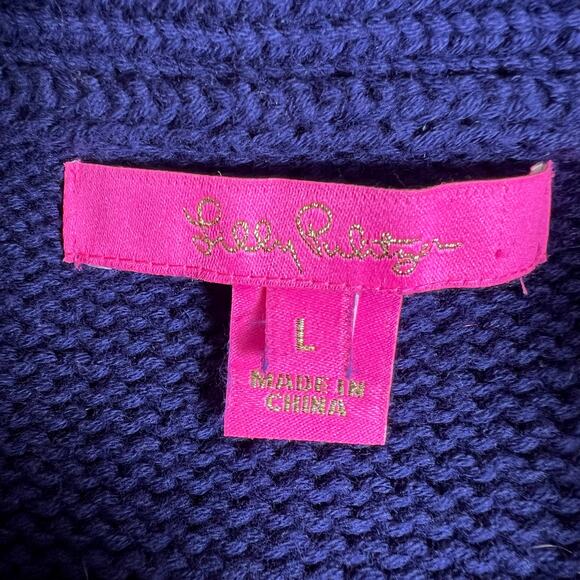 Lilly Pulitzer Navy Cotton Fisherman Sweater L Silver Toggle Shawl Collar Preppy - Picture 5 of 10